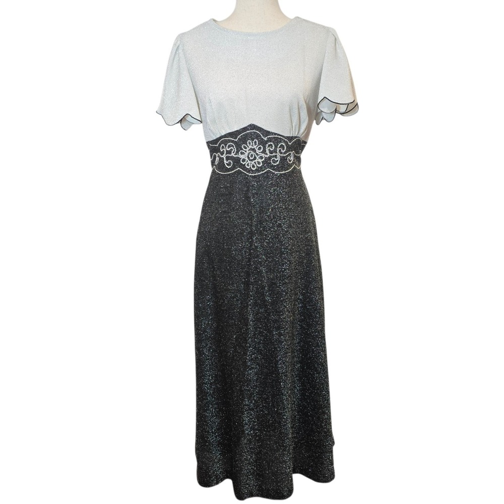 70s 80s Metallic Maxi Dress Vintage Black White Silver Formal Party Wedding Flaw